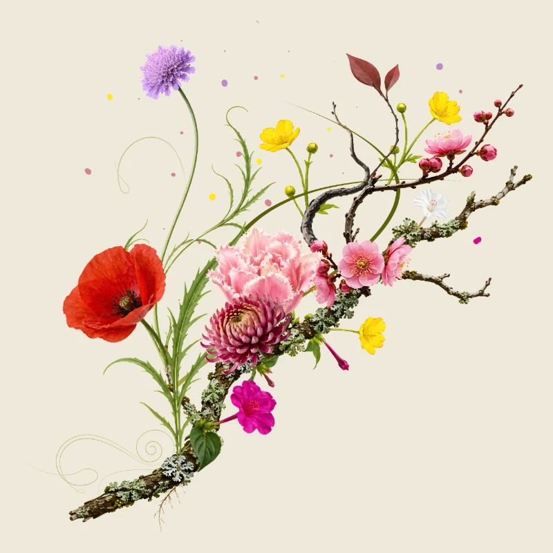 Fleurs sauvages colorées sur la nature Conception de fleurs de branche