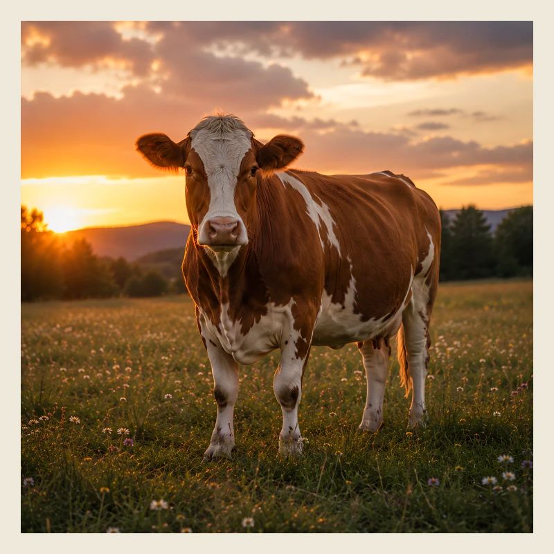 Coucher de soleil et vache dans la prairie