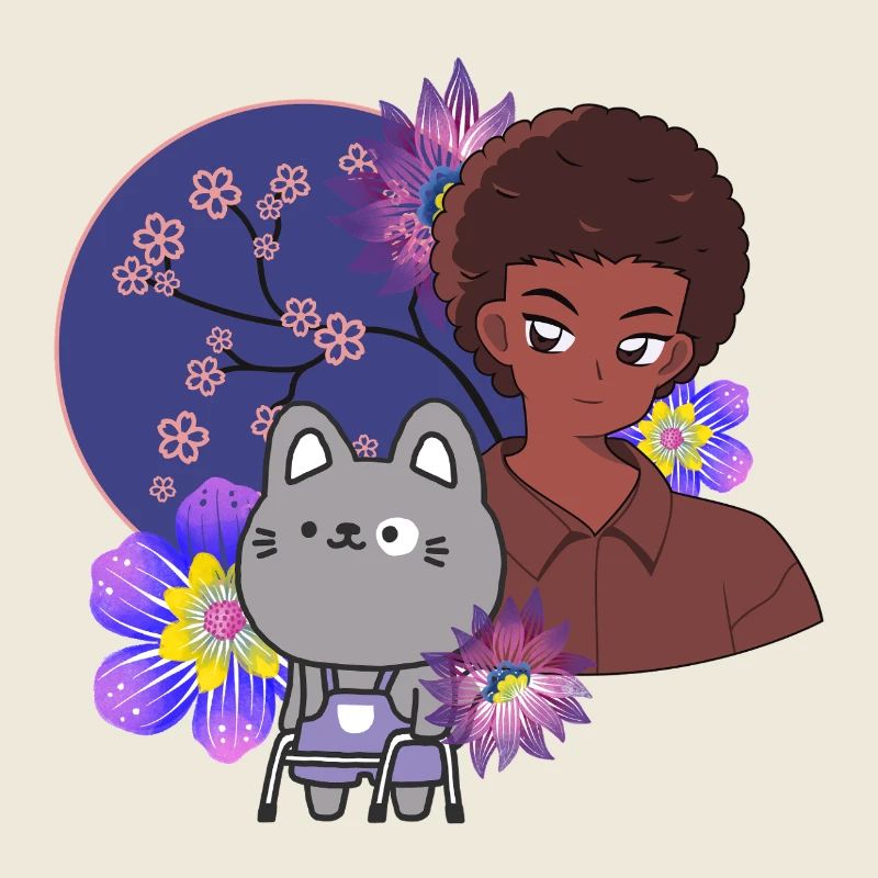 Anime-Junge und Katze mit Walker-Kunst