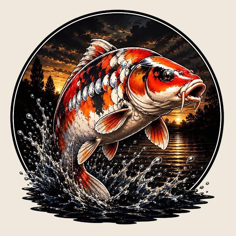 Red White Koi Carp Sunset Design