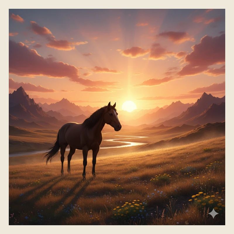 Sonnenuntergangs-Pferd im Bergtal