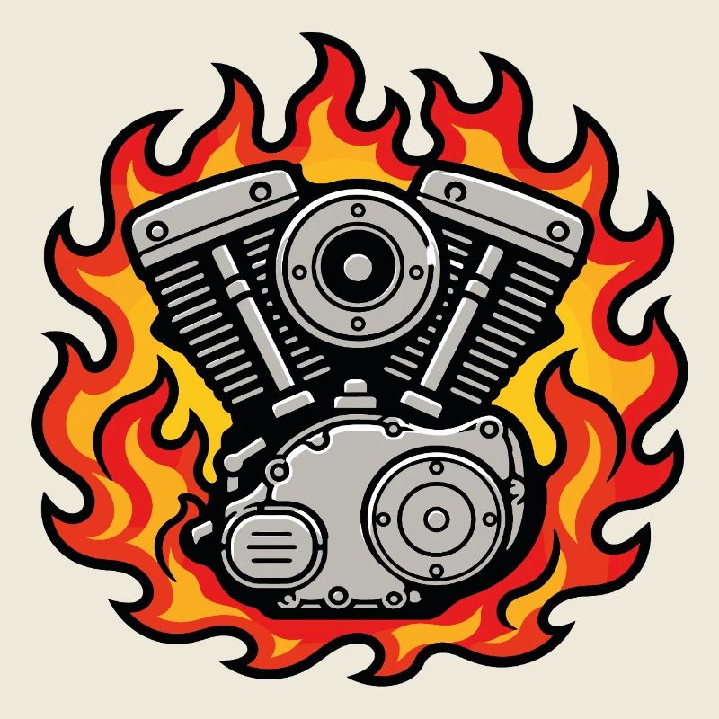 Vintage motorcycle engine in flames