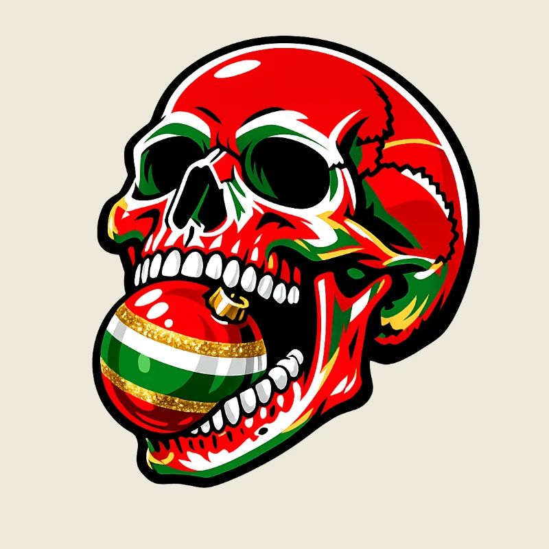 Un crâne mord une boule de Noël