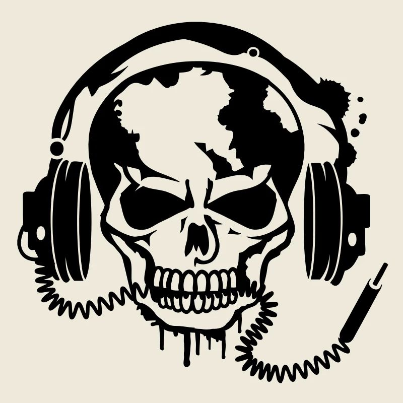 Totenschädel mit Kopfhörer und Kopfhörer Kabel