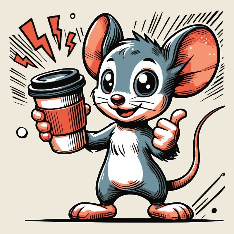 Dessin animé d’une souris joyeuse avec du café
