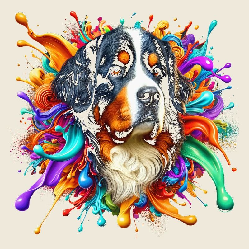 Berner Sennenhund mit bunten Farbklecksen