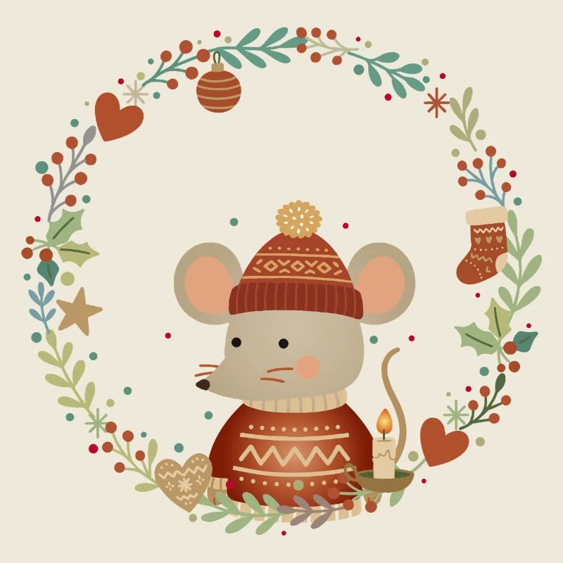 Christmas mouse in a cozy decorative wreath