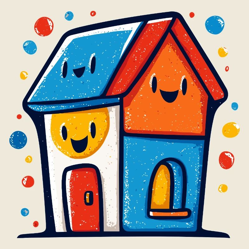 Trio de maison coloré avec des visages souriants