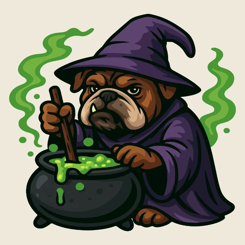 Bulldog Wizard Stirring Green Magic Cauldron