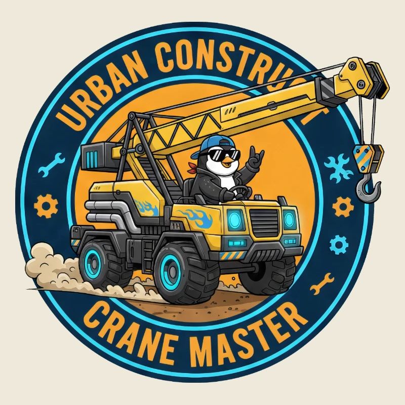 Cool Penguin Crane Operator Construction Worker Cartoon