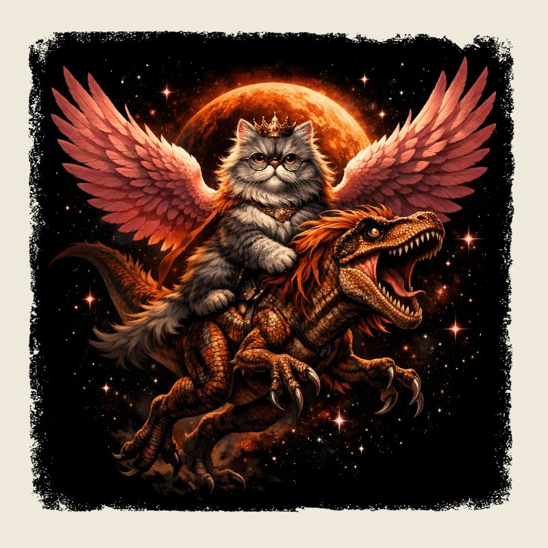 Katzenkönigin auf T-Rex mit Flügeln im All
