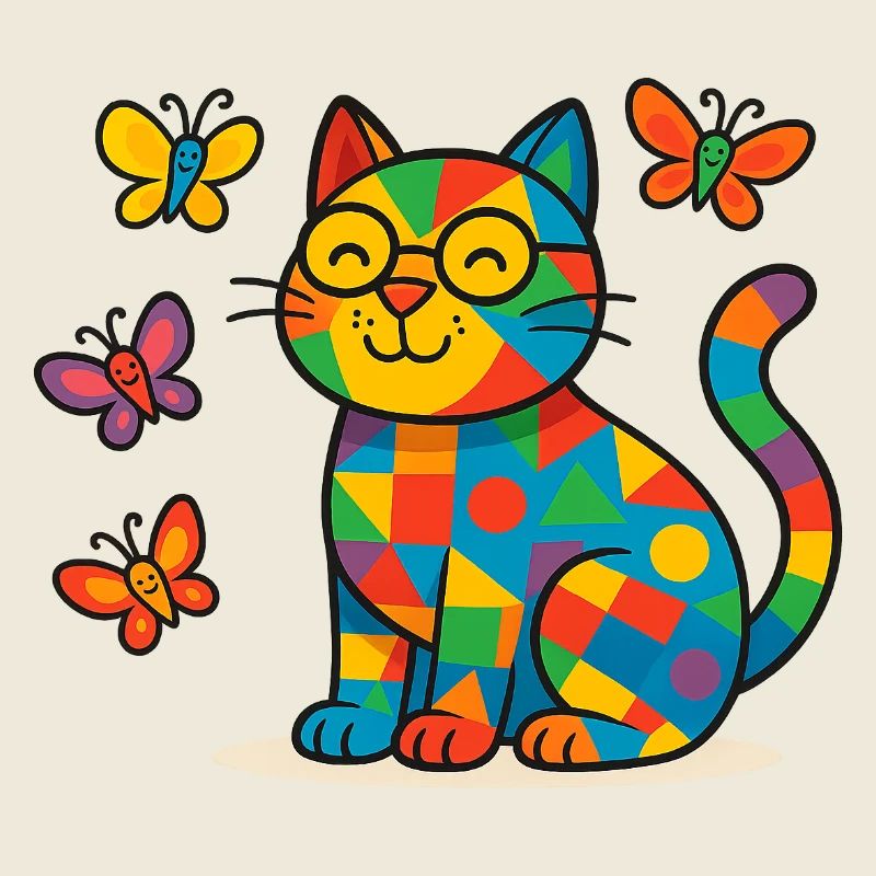 Patchwork Cat with Colorful Butterflies