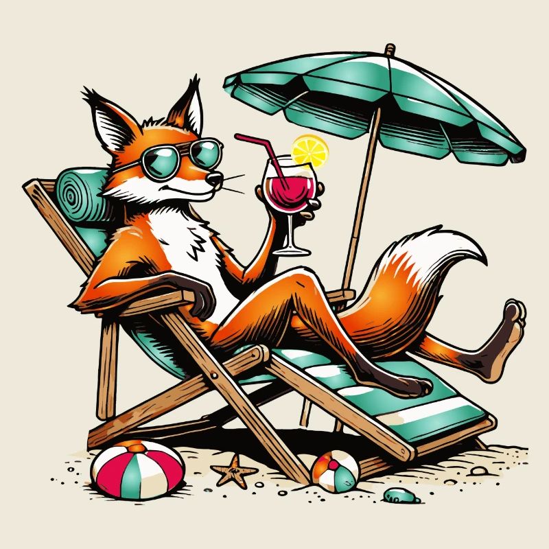 Cool cartoon fox on the beach on a lounger