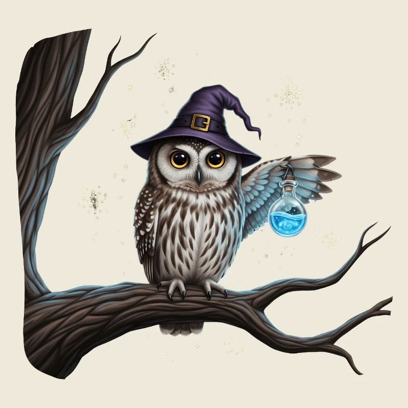 Magic owl with witch hat and magic bottle