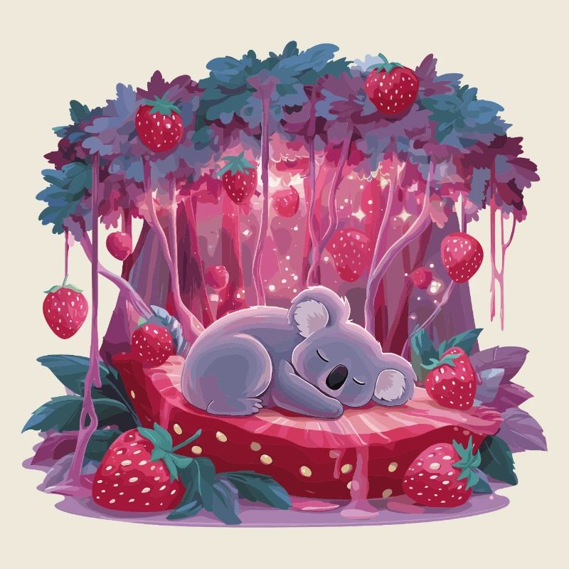 Koala endormi sur gâteau à la fraise dans la forêt enchantée