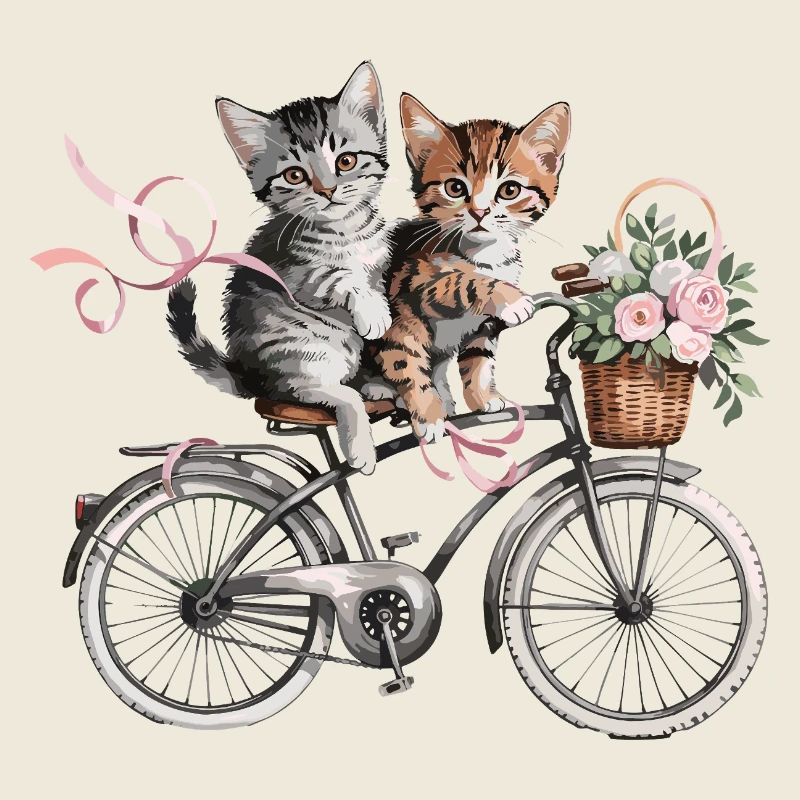Des chatons mignons sur le vélo avec un panier de fleurs