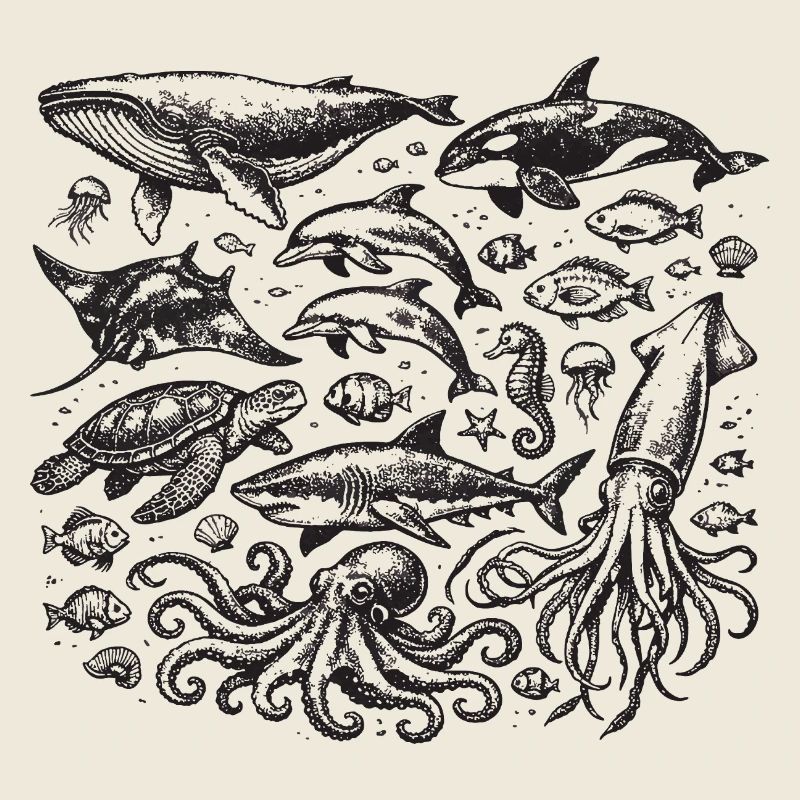 Vintage Ocean: Meerestier-Gravur