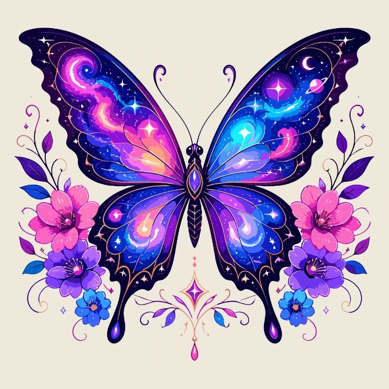 Galaxy Butterfly with Flowers