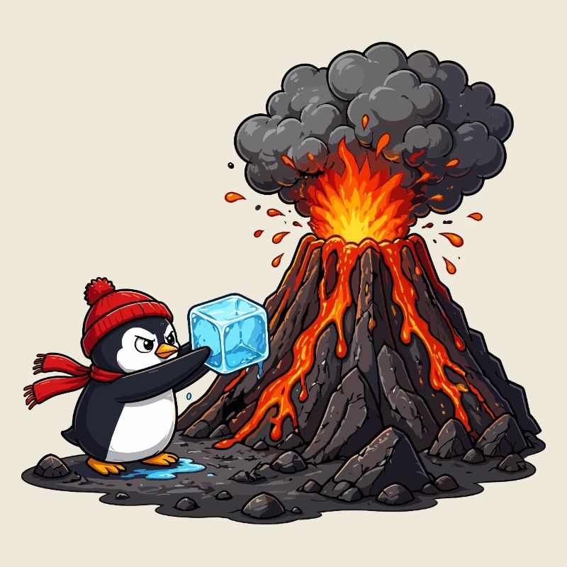 Pingouin et volcan avec des glaçons