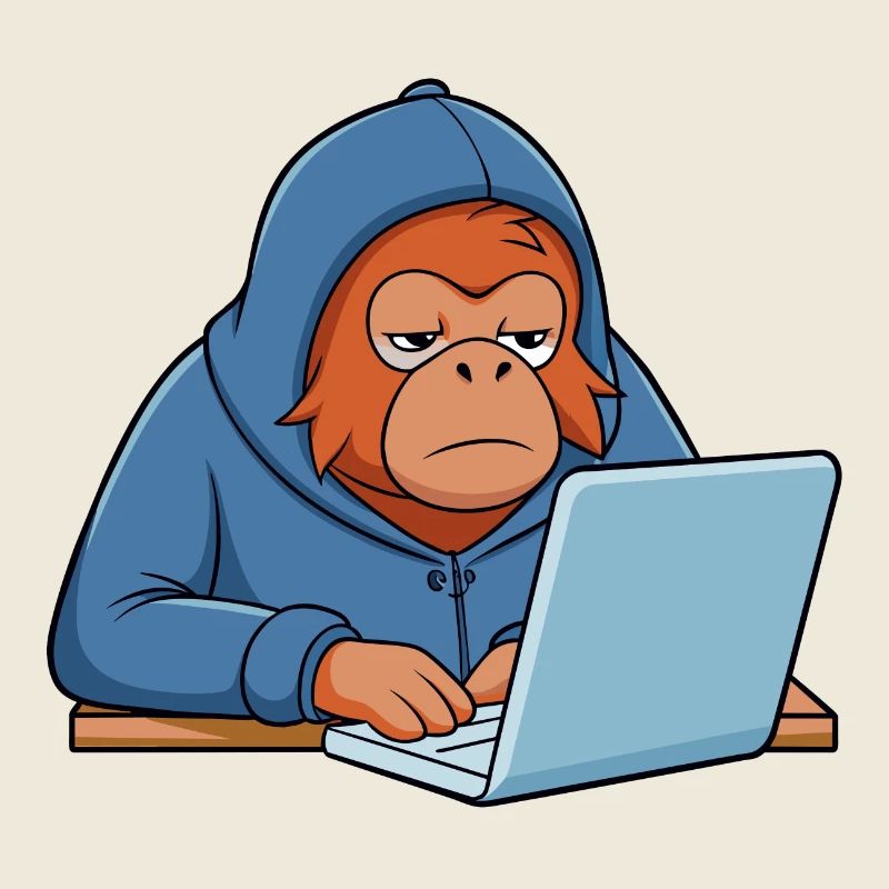 Mignon orang-outan hacker dans un sweat à capuche devant le PC