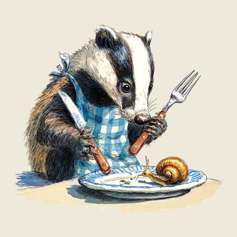 Badger at the table with snail