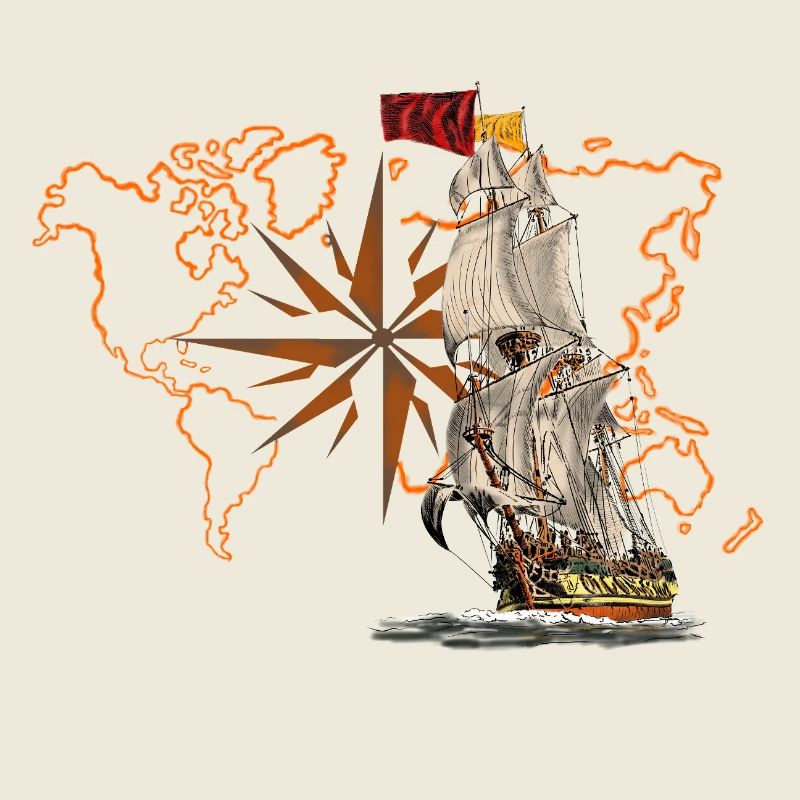 Sailing ship in front of world map
