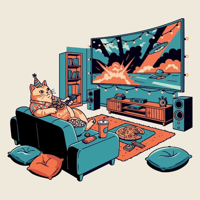 Dicke Sofakatze Chips TV Kino Abend Katze Motiv