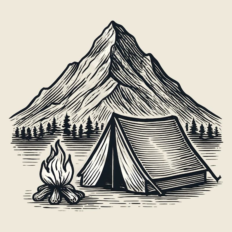 Mountain camping tent by the fire – line art