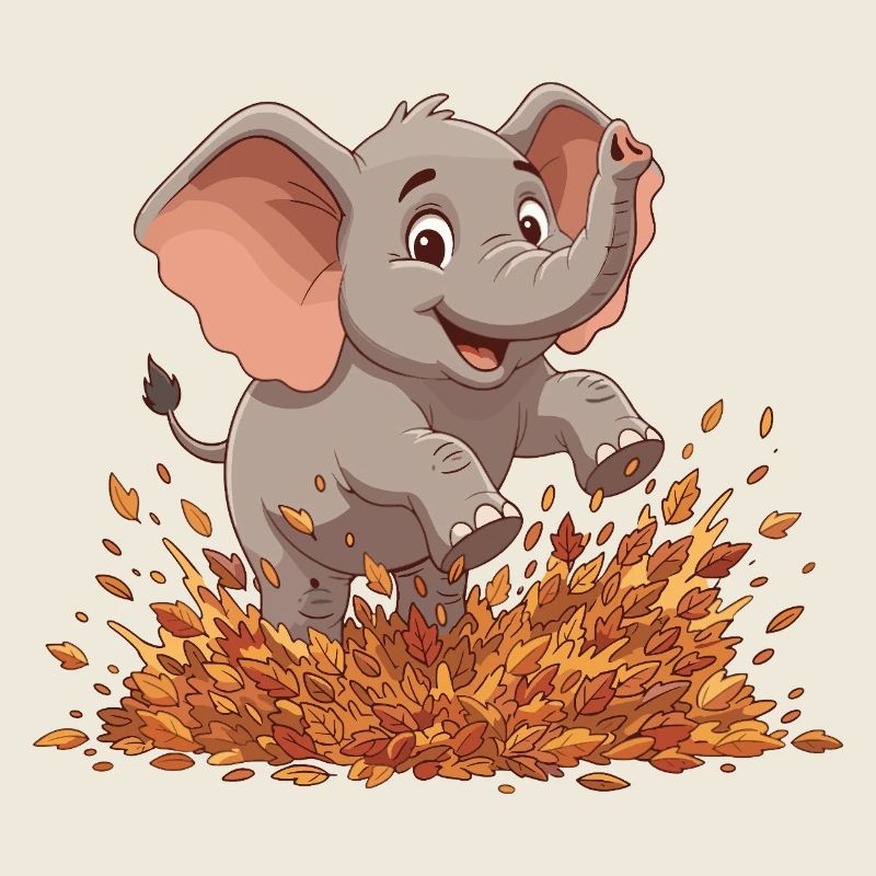 Éléphant joyeux dans les feuilles d’automne