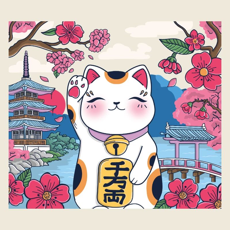 Kawaii Lucky Cat Maneki Neko Kirschblüte