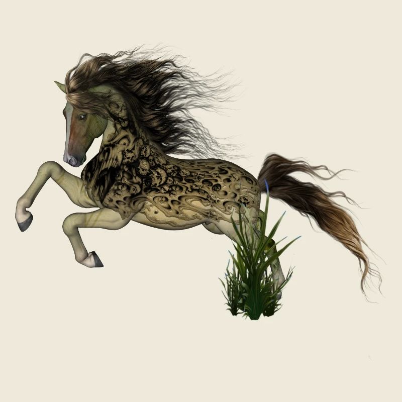 Impressionnant cheval fantastique avec des crânes.