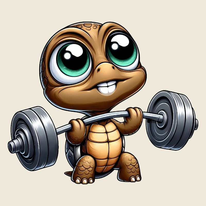 tortue chibi avec haltère haltérophile dessin animé