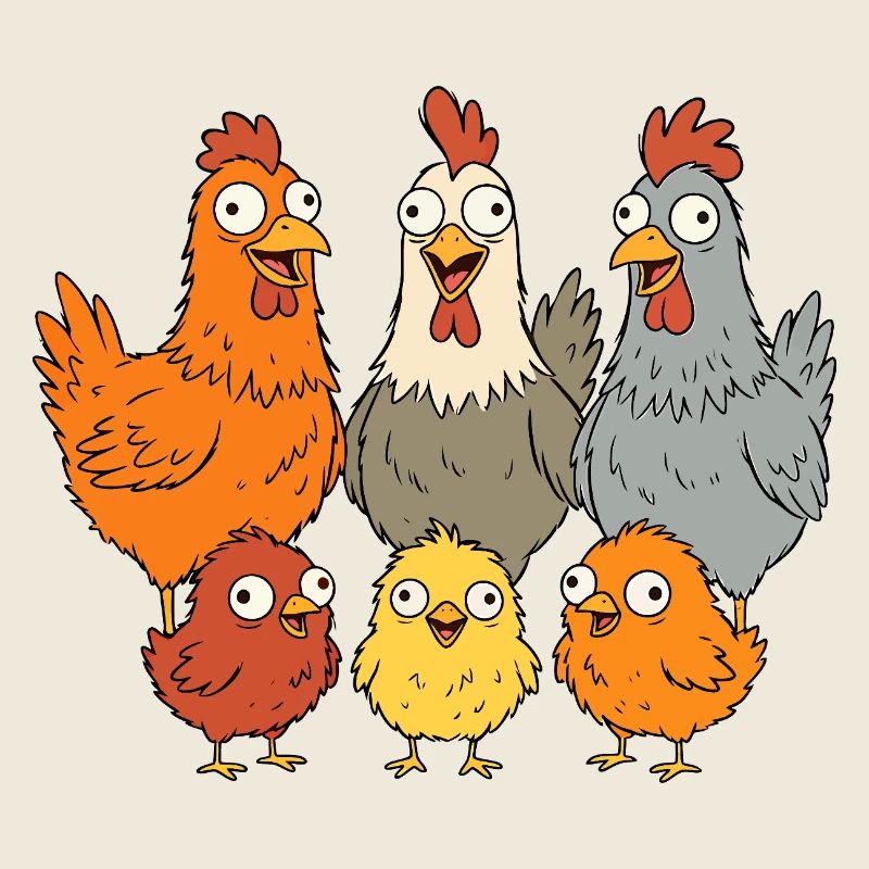 Funny chickens, roosters and chicks