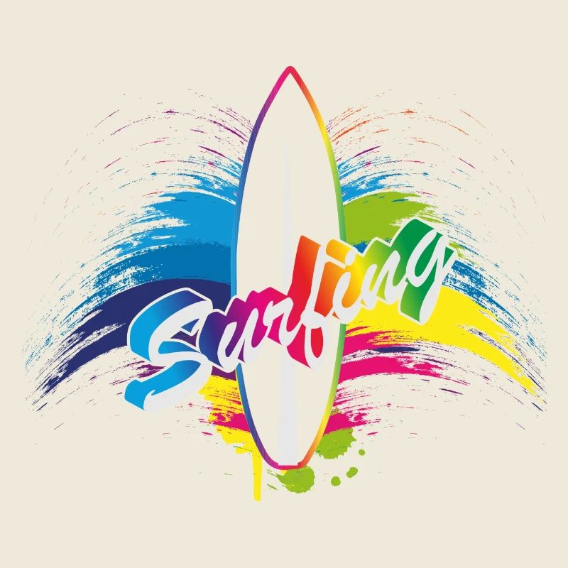 Surfing rainbow surfboard splash typography