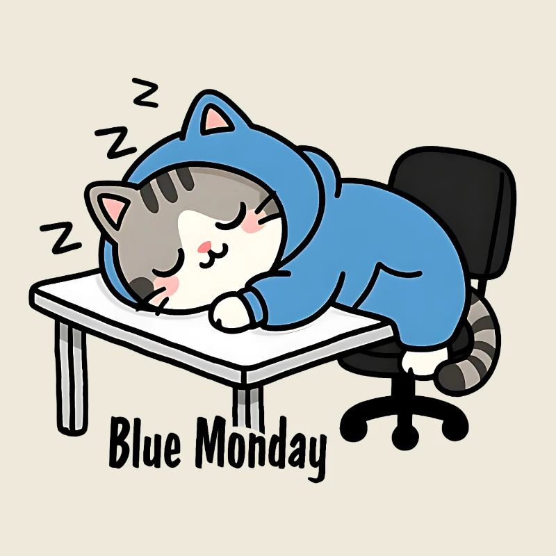 Sleeping cat at work, blue monday