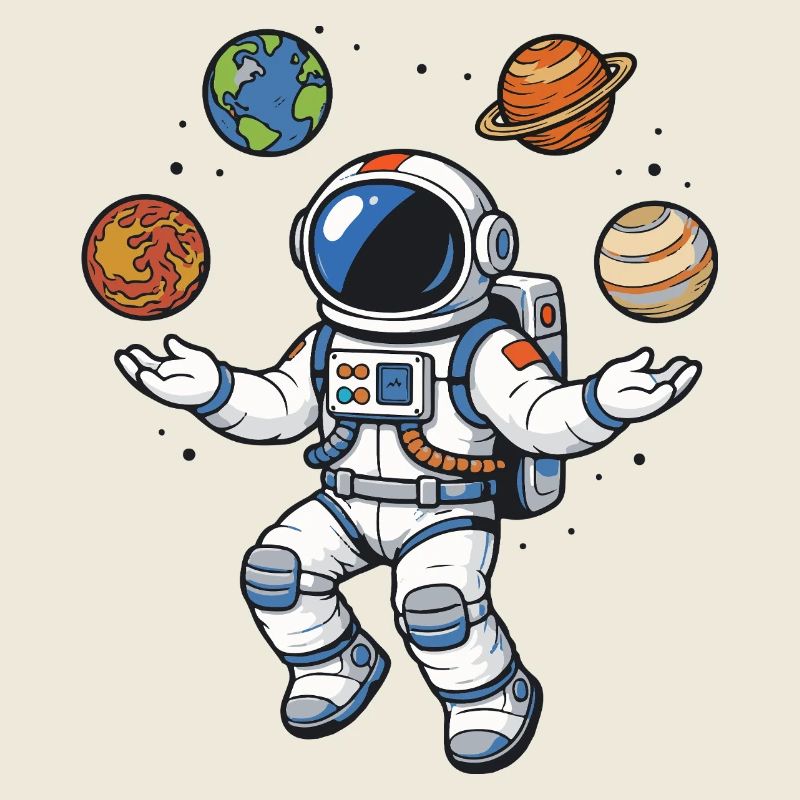 Schwebender Astronaut mit Planeten im Comic Stil