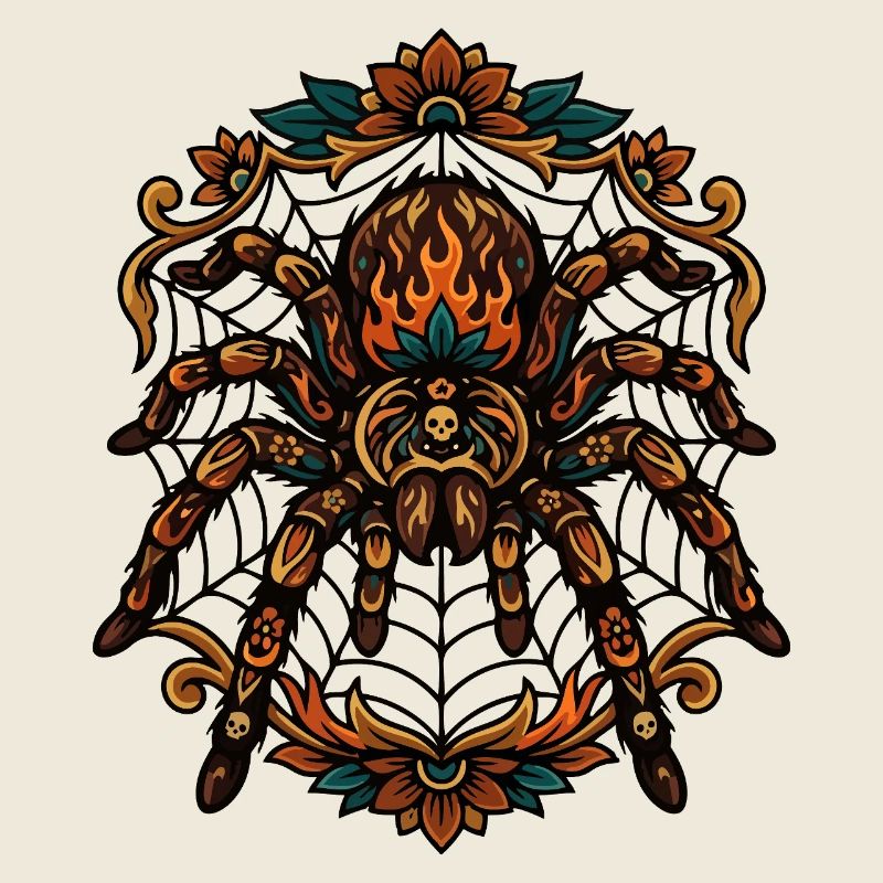 Tarantula Fire Flames Spider Web Pattern Motif