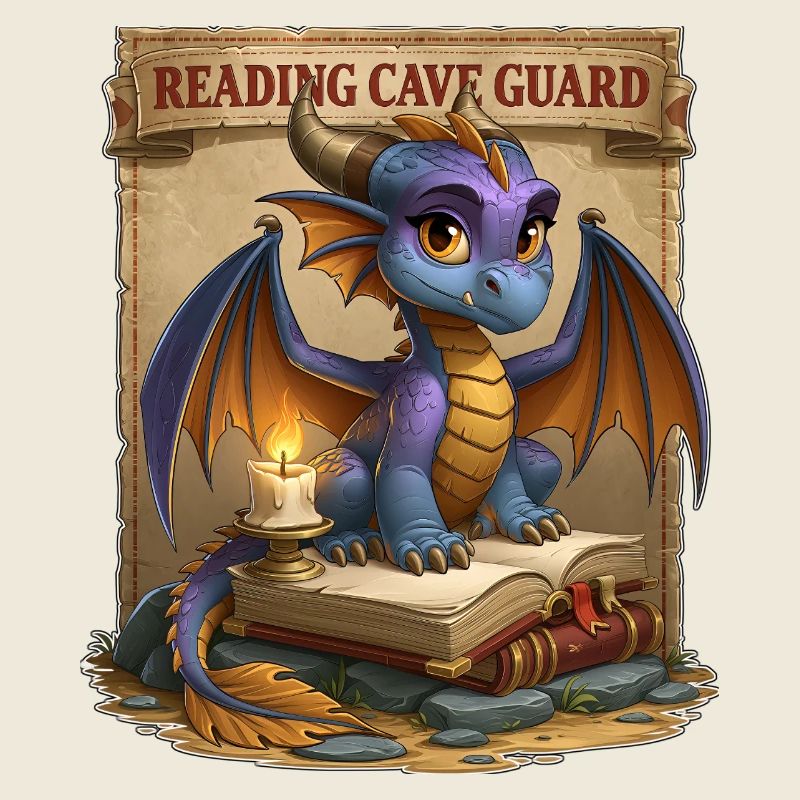 Reading Cave Guard Cute Fantasy Book Dragon