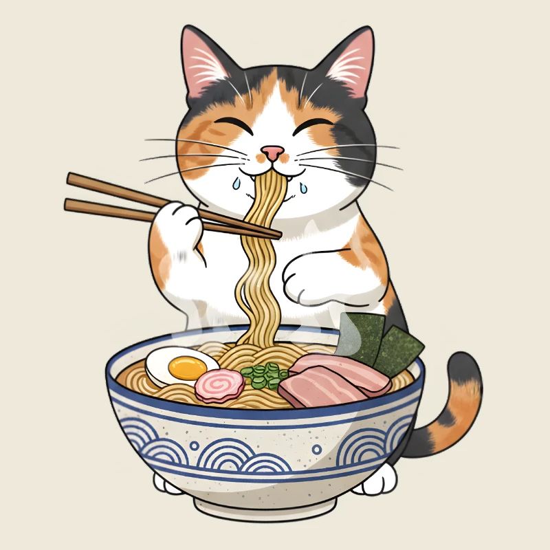 Cat Eats Ramen Noodles