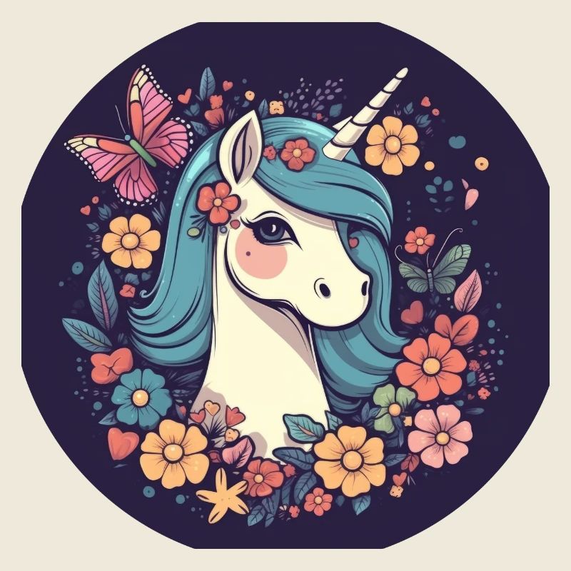 Licorne élégante avec fleurs de papillon
