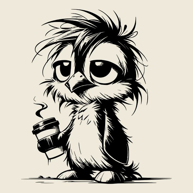 Tousled tired penguin with coffee mug
