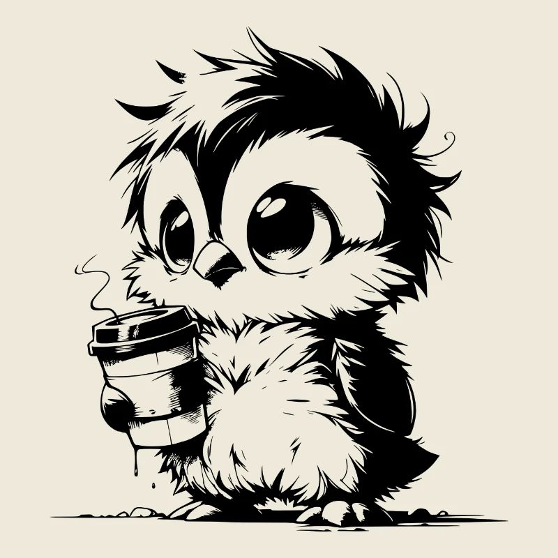 Kleine verwuschelte müder Eule mit Kaffee