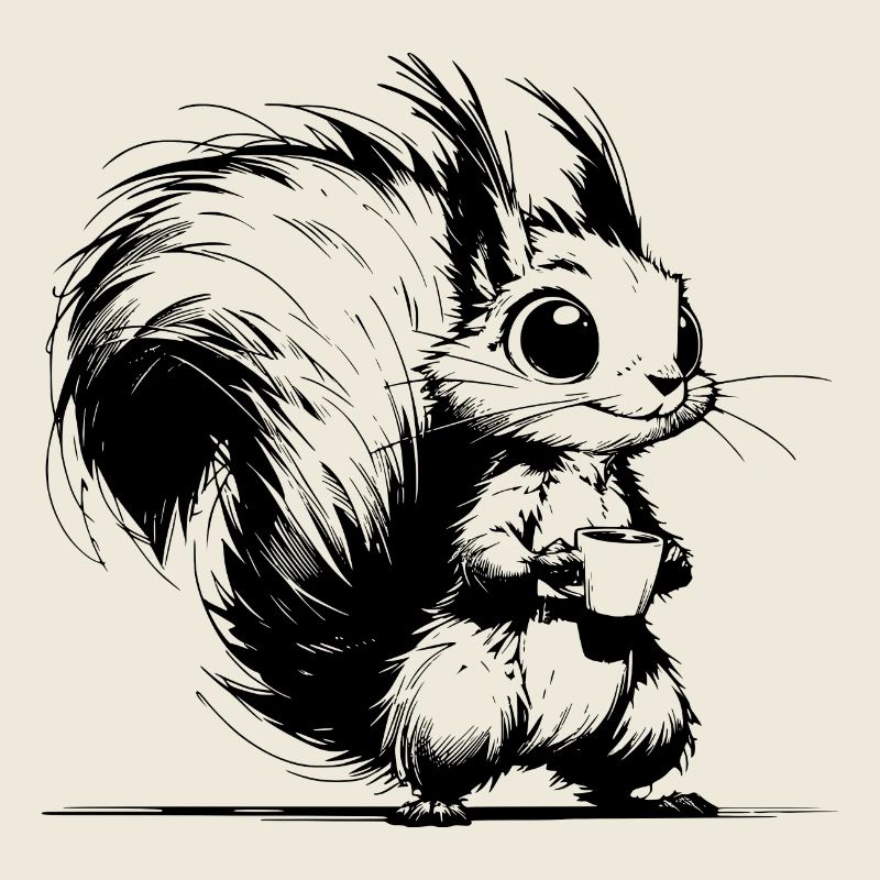 Bright baby squirrel with coffee