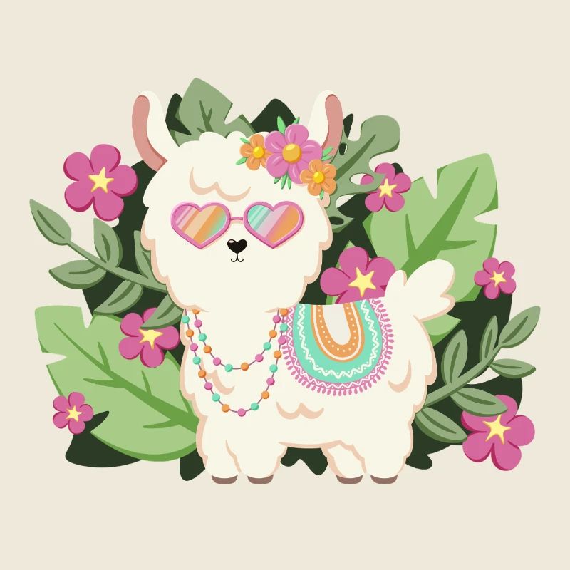 Lama mit Sonnenbrille mit Blattern und Blumen