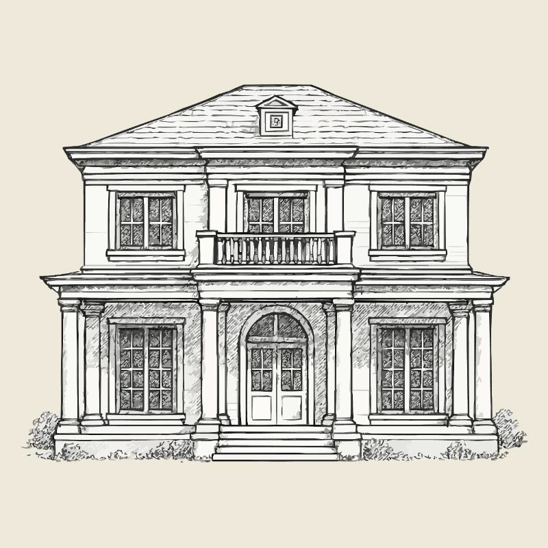 Villa façade drawing vintage style