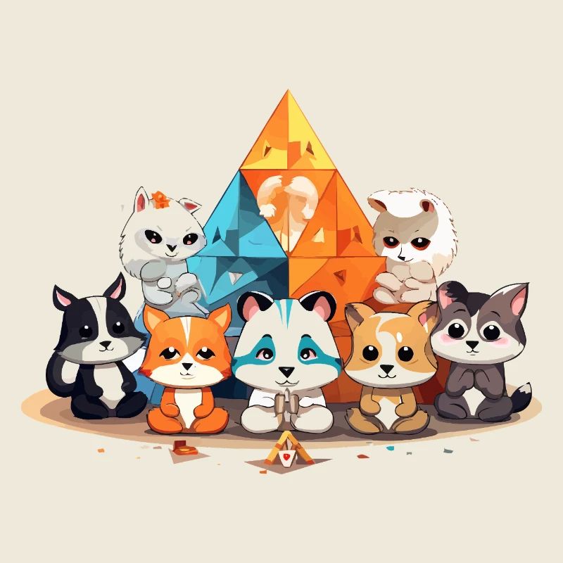 Des chats devant des pyramides de cristal colorées