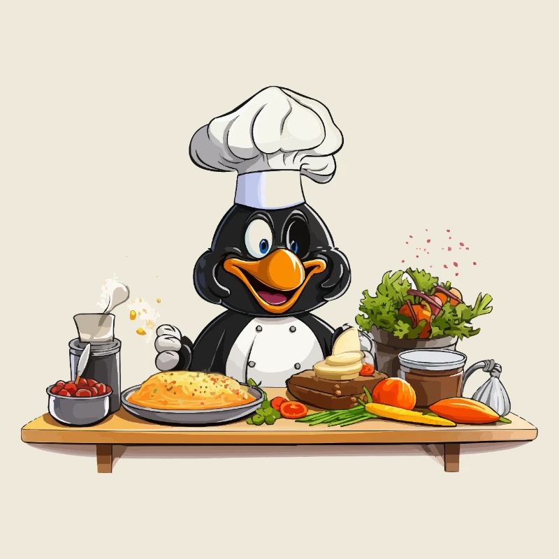 Cuisinier pingouin de cuisine à la table en bois