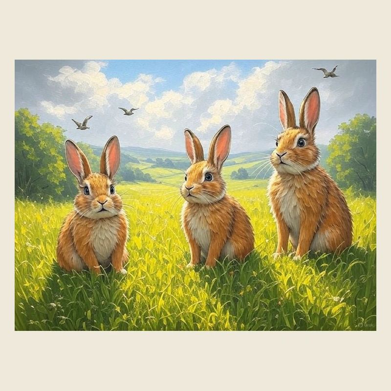 Trois lapins dans le champ de printemps