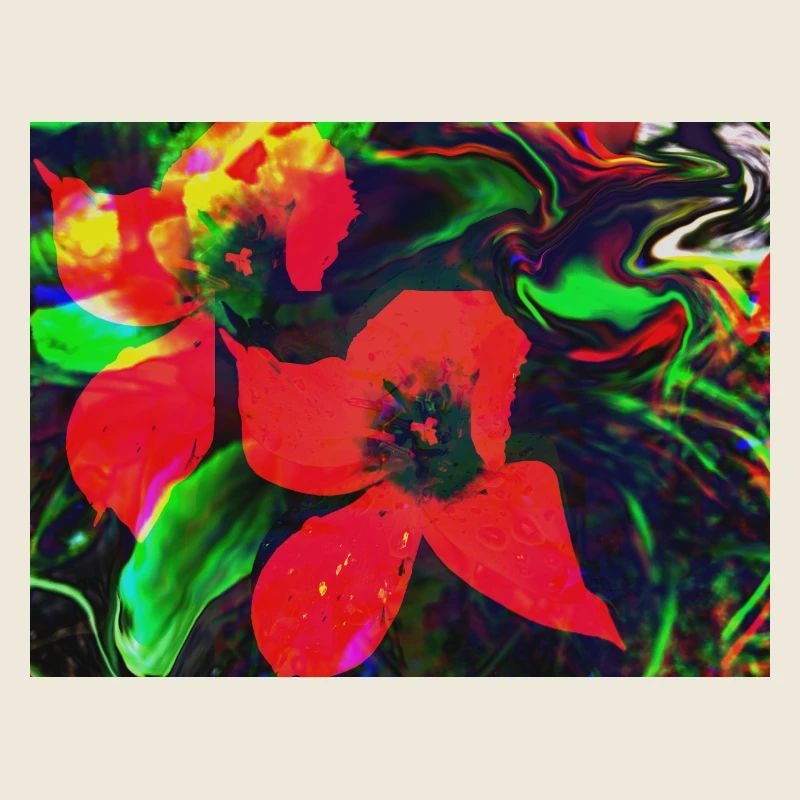 Neonrote Blüten im Farbwirbel