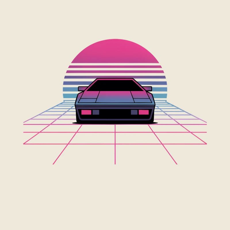 Outrun Car Sunset Synthwave 80s Grid